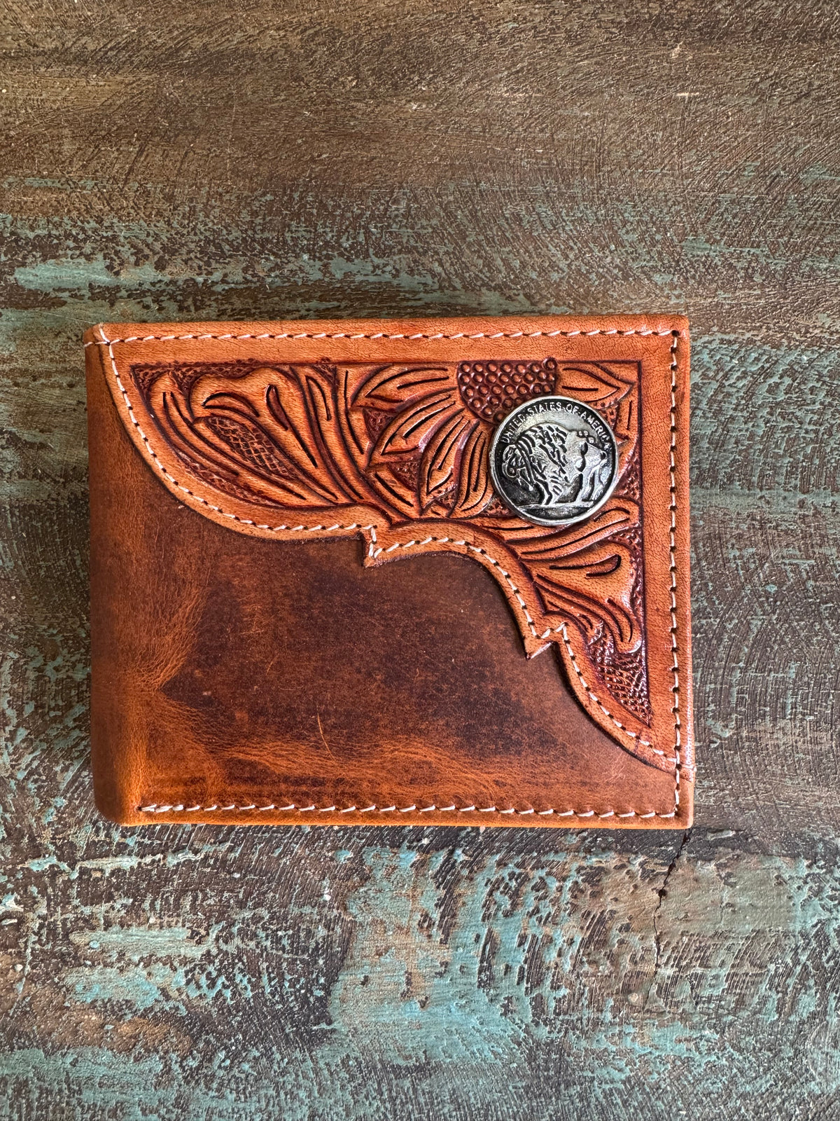 Western Tooled Leather Bifold Wallet with Buffalo Concho