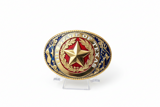 State of Texas Lone Star Oval Belt Buckle – Gold-Tone with Red, White & Blue Enamel