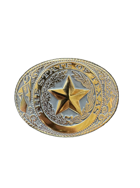 State of Texas Lone Star Oval Belt Buckle – Antique Silver & Gold Two-Tone Western Design