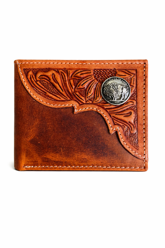 Western Tooled Leather Bifold Wallet with Buffalo Concho